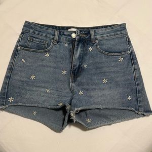 Khaki and Blue floral denim shorts